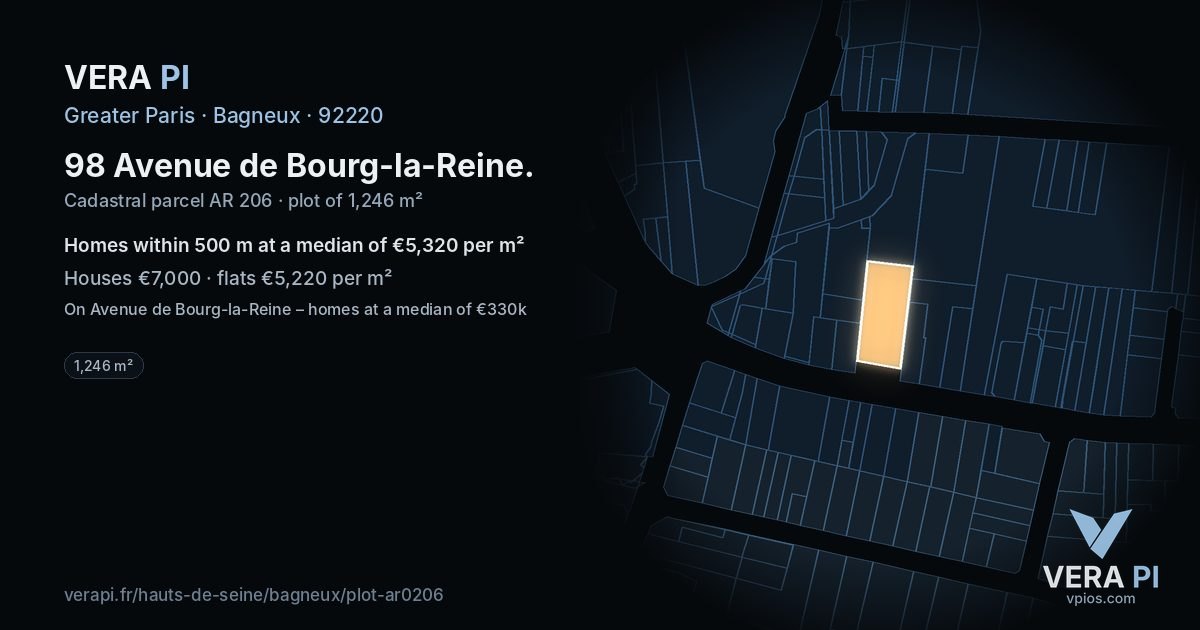 98 Avenue de Bourg-la-Reine, Bagneux at night – the plot lit, the parcels around coloured by the prices near them