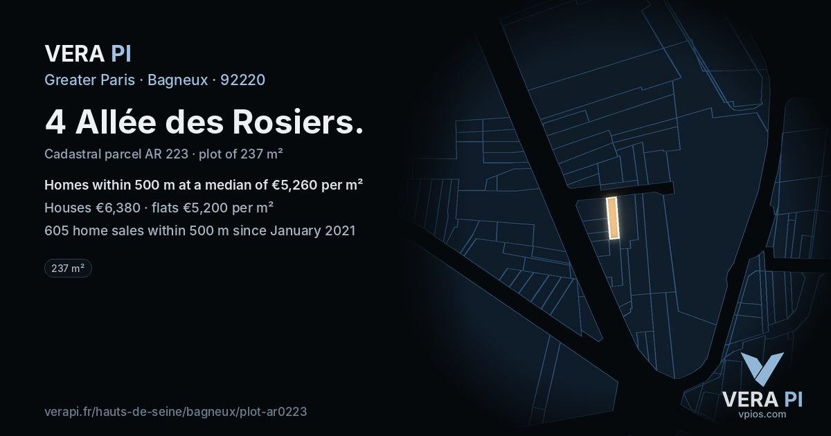 4 Allée des Rosiers, Bagneux at night – the plot lit, the parcels around coloured by the prices near them