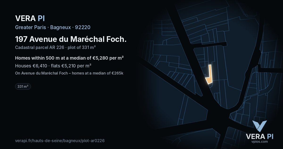 197 Avenue du Maréchal Foch, Bagneux at night – the plot lit, the parcels around coloured by the prices near them