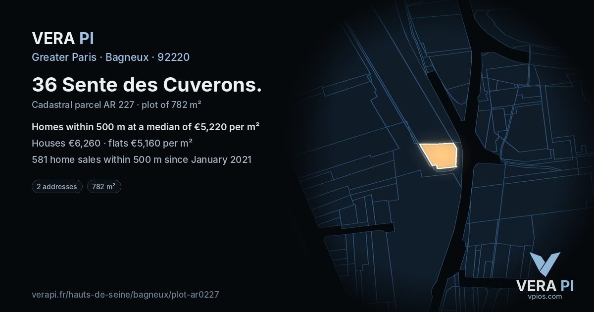 36 Sente des Cuverons, Bagneux at night – the plot lit, the parcels around coloured by the prices near them