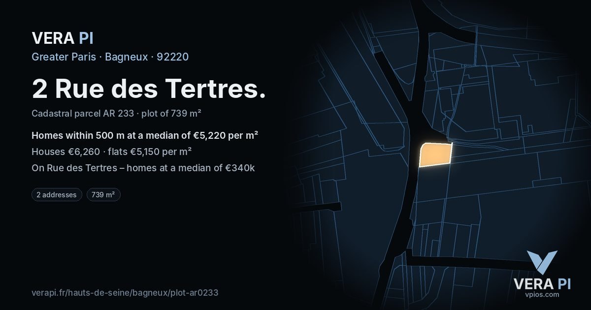 2 Rue des Tertres, Bagneux at night – the plot lit, the parcels around coloured by the prices near them