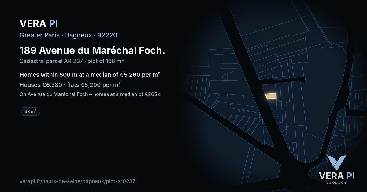 189 Avenue du Maréchal Foch, Bagneux at night – the plot lit, the parcels around coloured by the prices near them