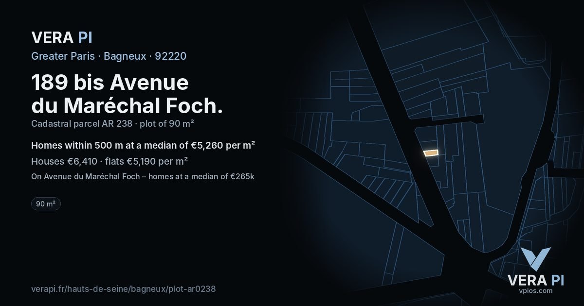 189 bis Avenue du Maréchal Foch, Bagneux at night – the plot lit, the parcels around coloured by the prices near them