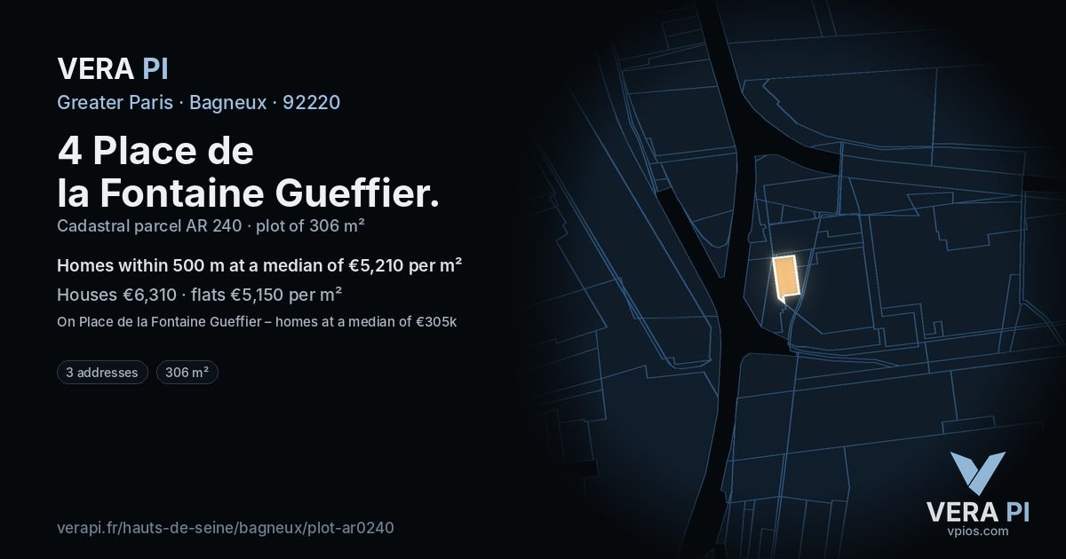 4 Place de la Fontaine Gueffier, Bagneux at night – the plot lit, the parcels around coloured by the prices near them