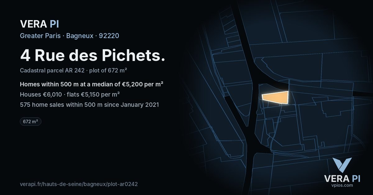 4 Rue des Pichets, Bagneux at night – the plot lit, the parcels around coloured by the prices near them
