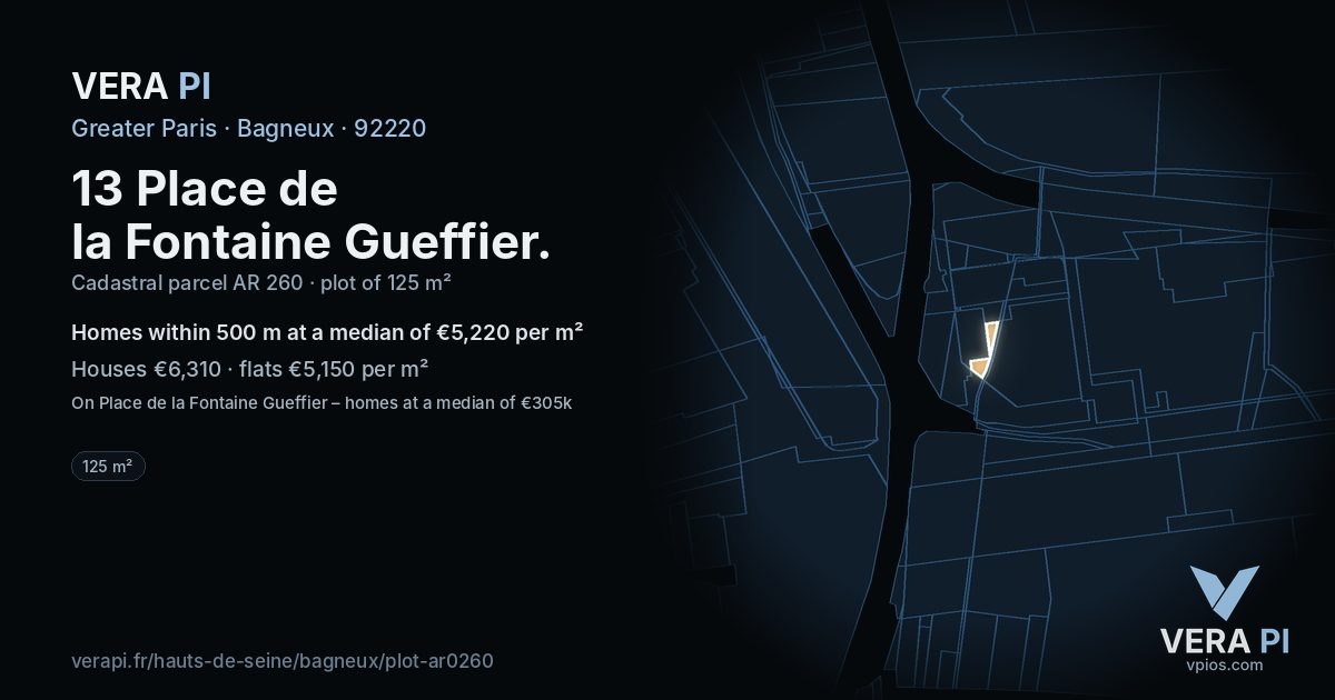 13 Place de la Fontaine Gueffier, Bagneux at night – the plot lit, the parcels around coloured by the prices near them