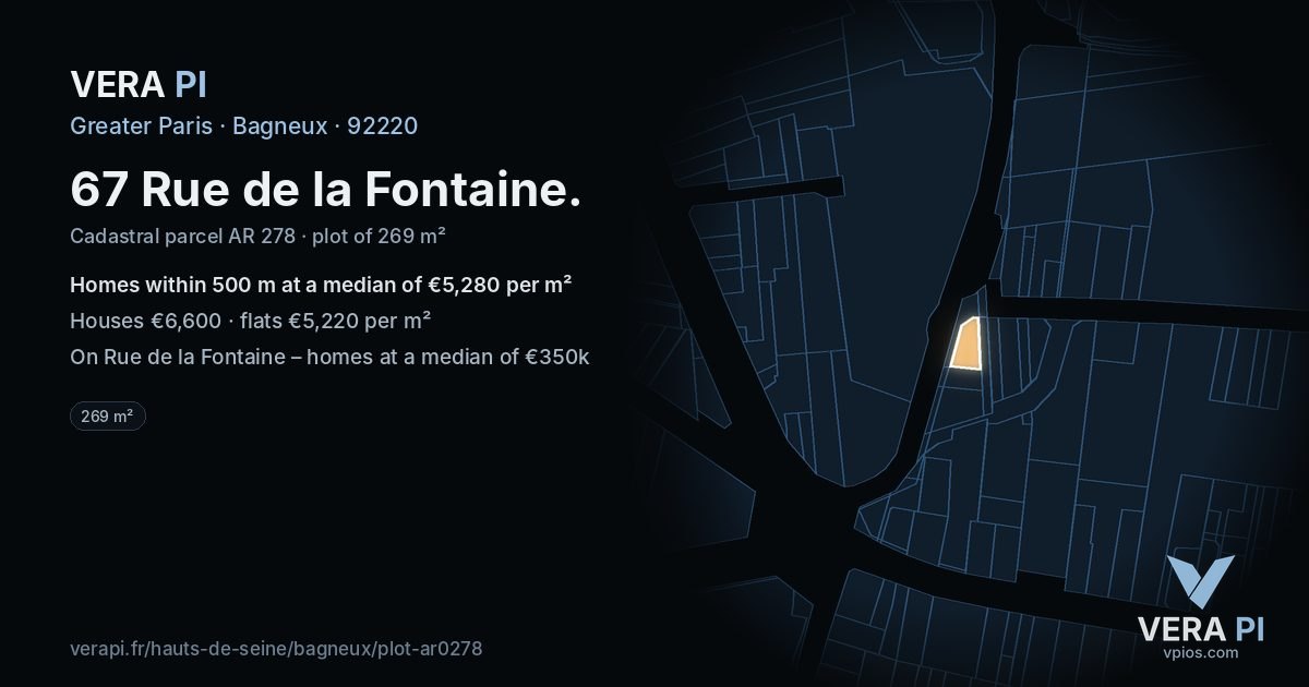 67 Rue de la Fontaine, Bagneux at night – the plot lit, the parcels around coloured by the prices near them