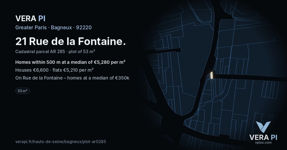 21 Rue de la Fontaine, Bagneux at night – the plot lit, the parcels around coloured by the prices near them