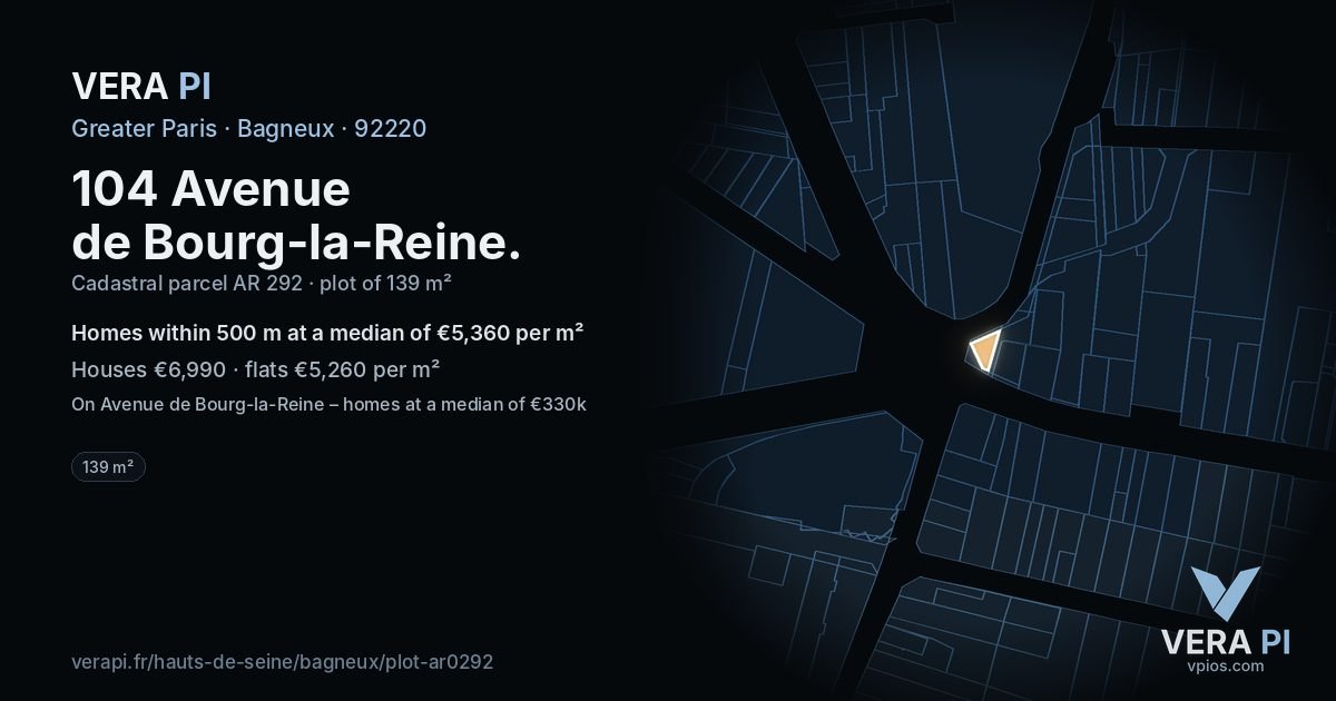 104 Avenue de Bourg-la-Reine, Bagneux at night – the plot lit, the parcels around coloured by the prices near them