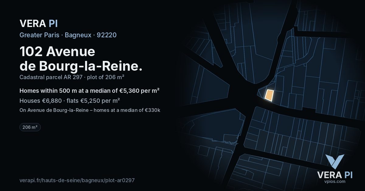 102 Avenue de Bourg-la-Reine, Bagneux at night – the plot lit, the parcels around coloured by the prices near them