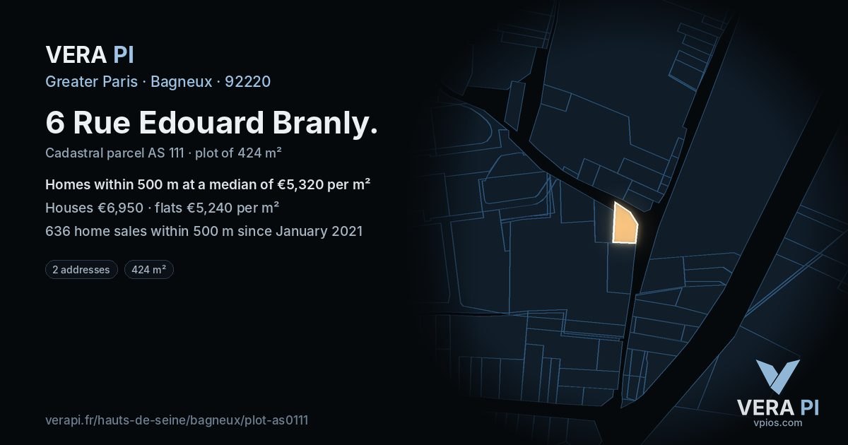 6 Rue Edouard Branly, Bagneux at night – the plot lit, the parcels around coloured by the prices near them