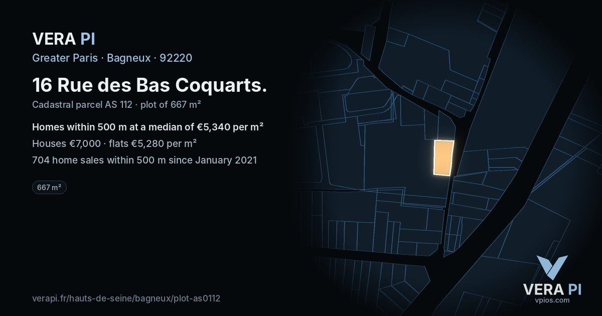 16 Rue des Bas Coquarts, Bagneux at night – the plot lit, the parcels around coloured by the prices near them