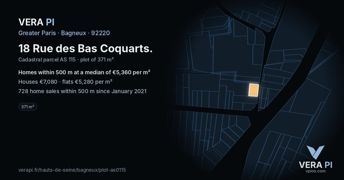 18 Rue des Bas Coquarts, Bagneux at night – the plot lit, the parcels around coloured by the prices near them