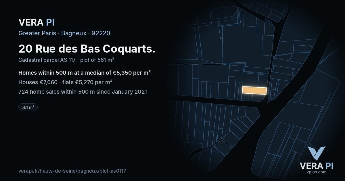 20 Rue des Bas Coquarts, Bagneux at night – the plot lit, the parcels around coloured by the prices near them