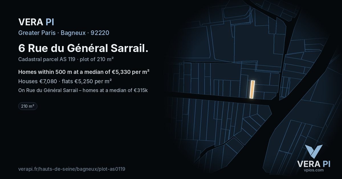 6 Rue du Général Sarrail, Bagneux at night – the plot lit, the parcels around coloured by the prices near them