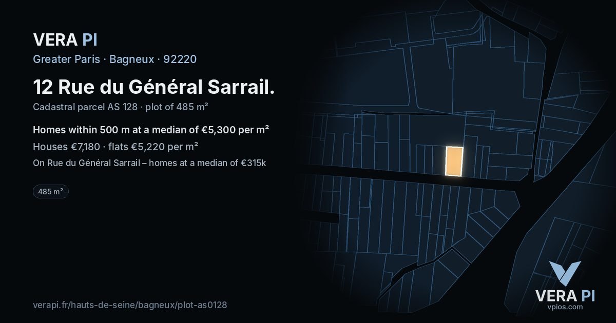 12 Rue du Général Sarrail, Bagneux at night – the plot lit, the parcels around coloured by the prices near them