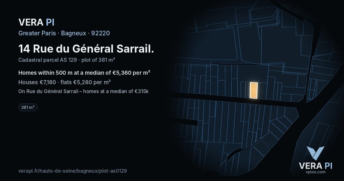 14 Rue du Général Sarrail, Bagneux at night – the plot lit, the parcels around coloured by the prices near them