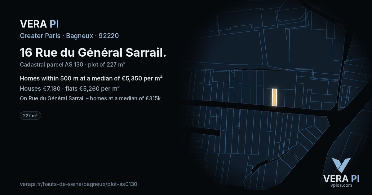 16 Rue du Général Sarrail, Bagneux at night – the plot lit, the parcels around coloured by the prices near them