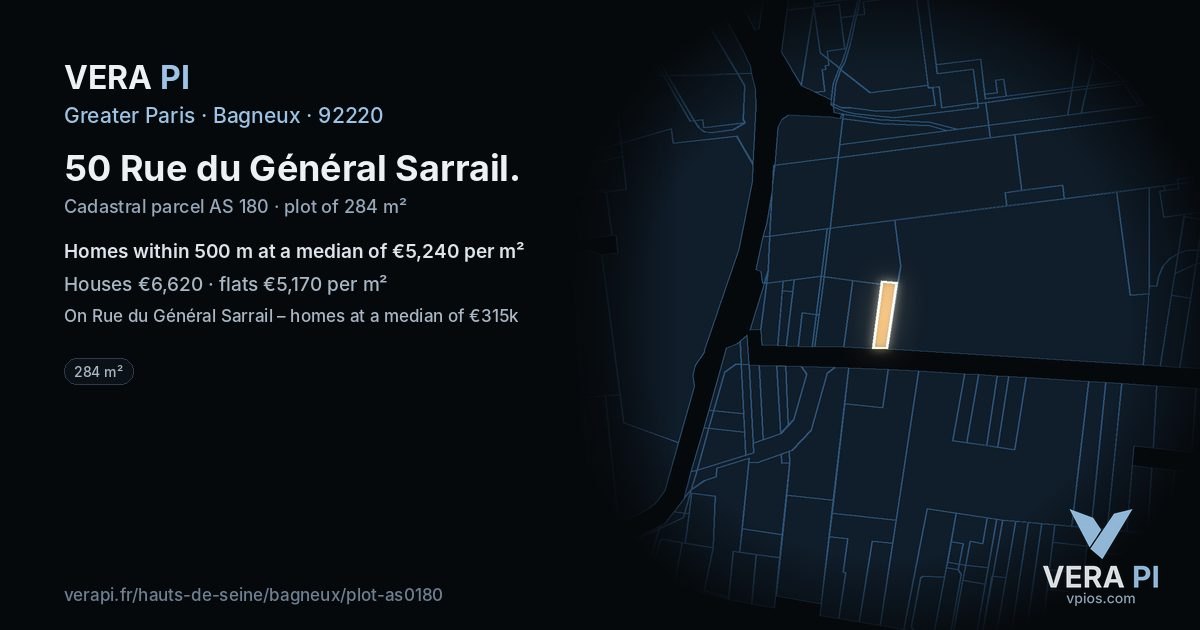 50 Rue du Général Sarrail, Bagneux at night – the plot lit, the parcels around coloured by the prices near them