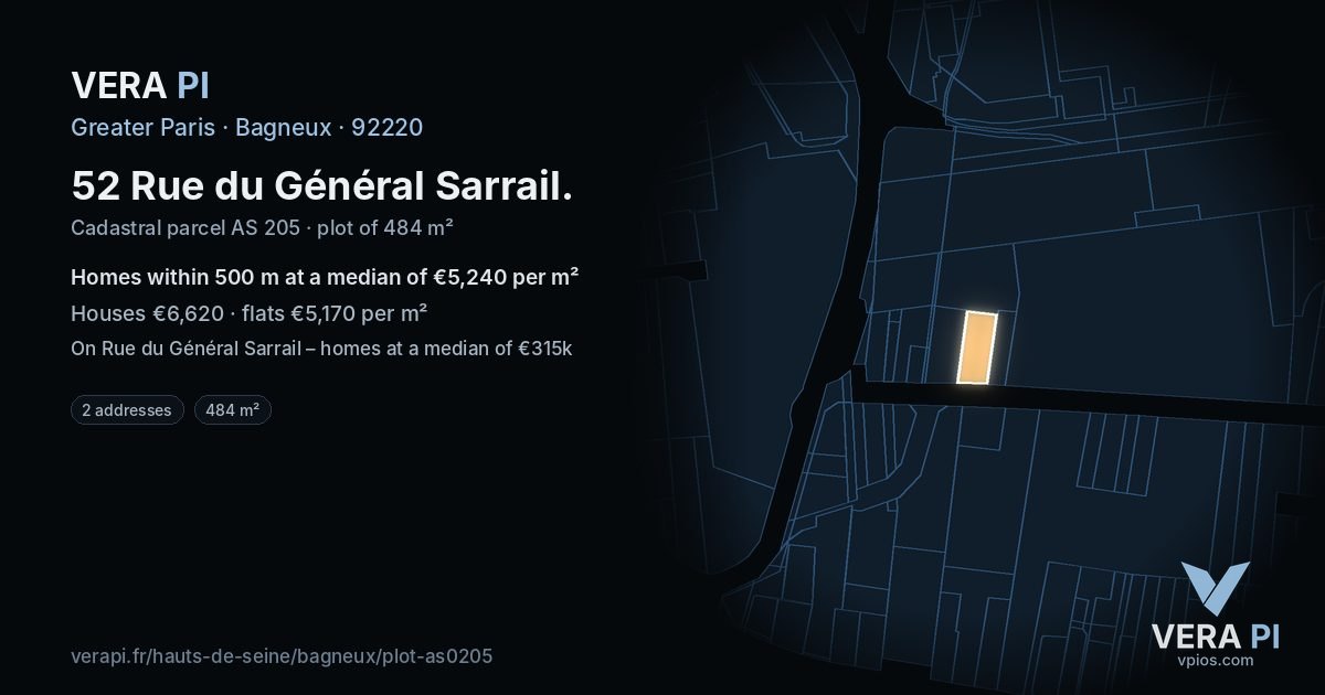 52 Rue du Général Sarrail, Bagneux at night – the plot lit, the parcels around coloured by the prices near them