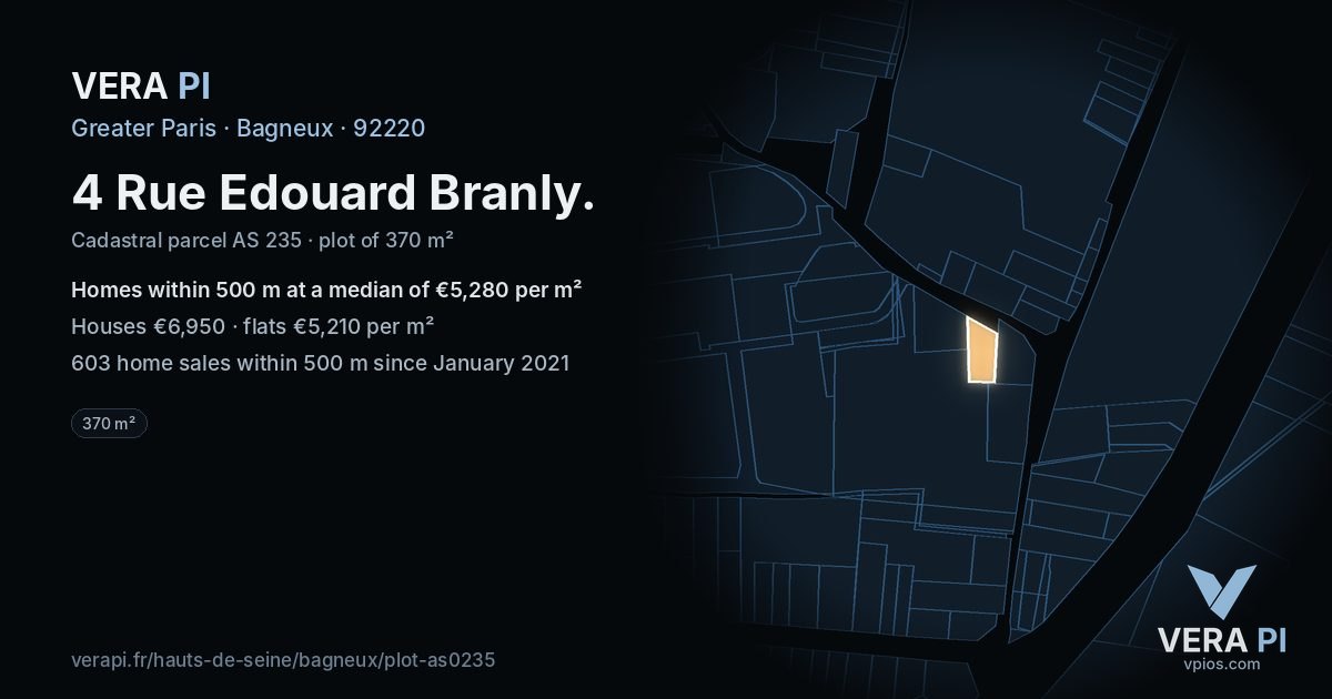 4 Rue Edouard Branly, Bagneux at night – the plot lit, the parcels around coloured by the prices near them