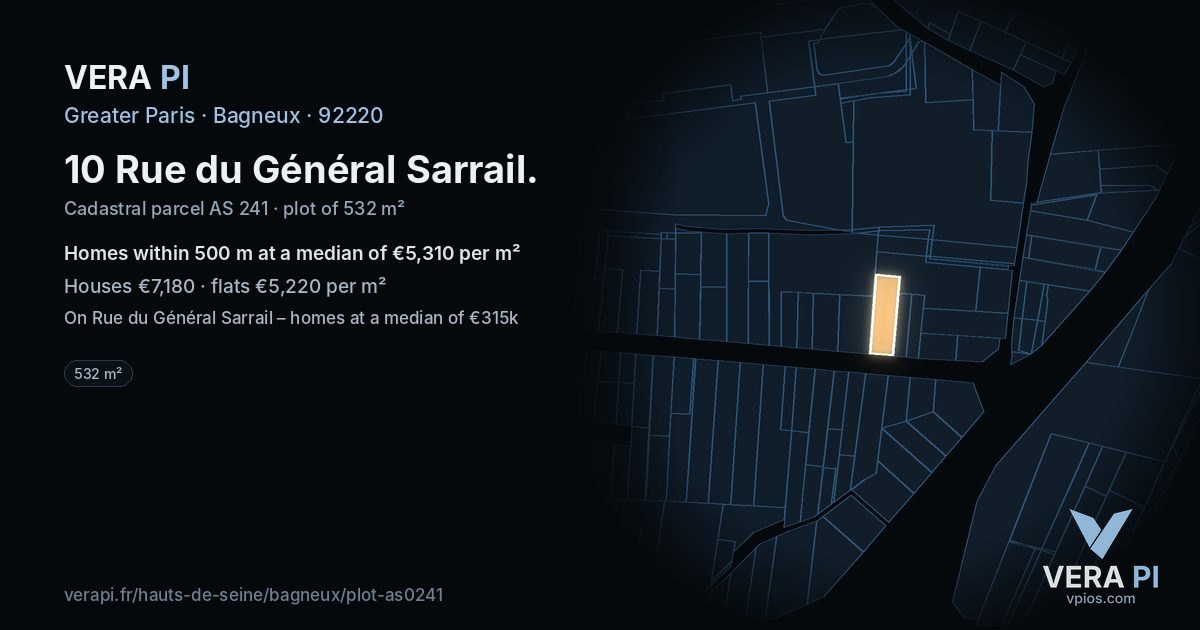 10 Rue du Général Sarrail, Bagneux at night – the plot lit, the parcels around coloured by the prices near them