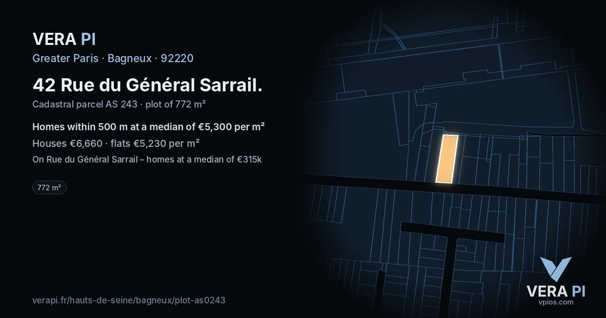 42 Rue du Général Sarrail, Bagneux at night – the plot lit, the parcels around coloured by the prices near them