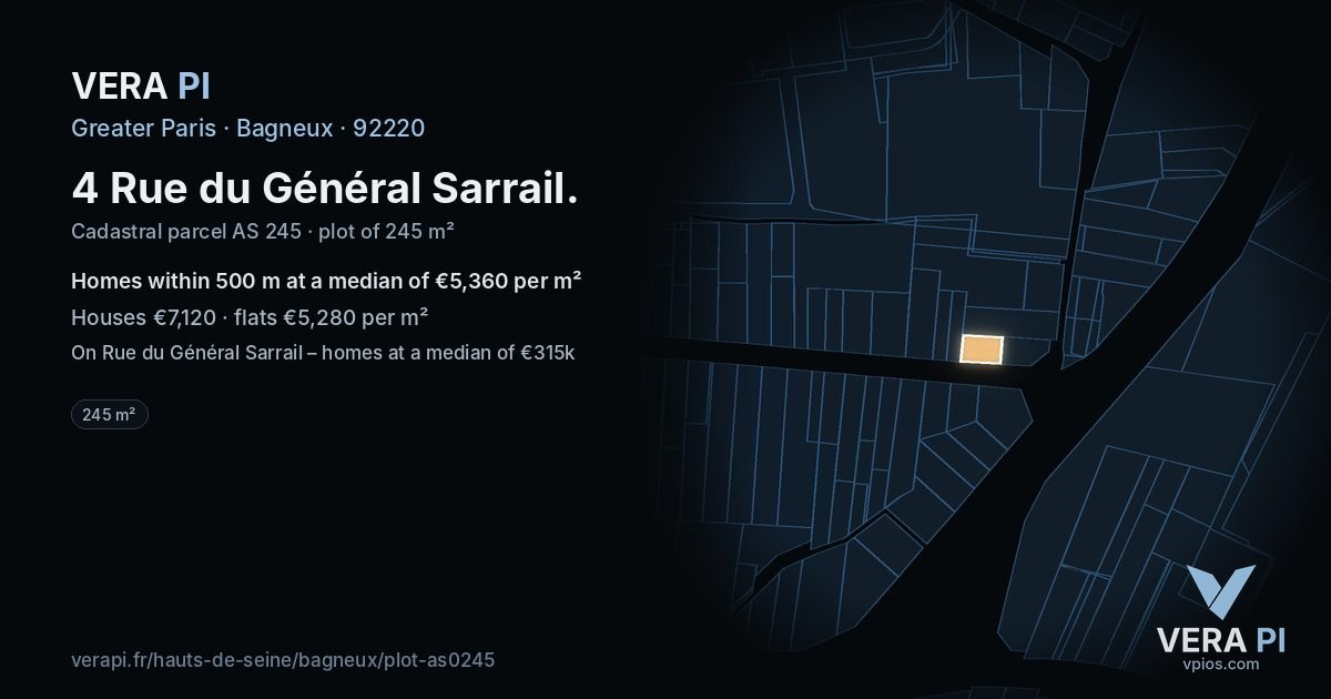 4 Rue du Général Sarrail, Bagneux at night – the plot lit, the parcels around coloured by the prices near them