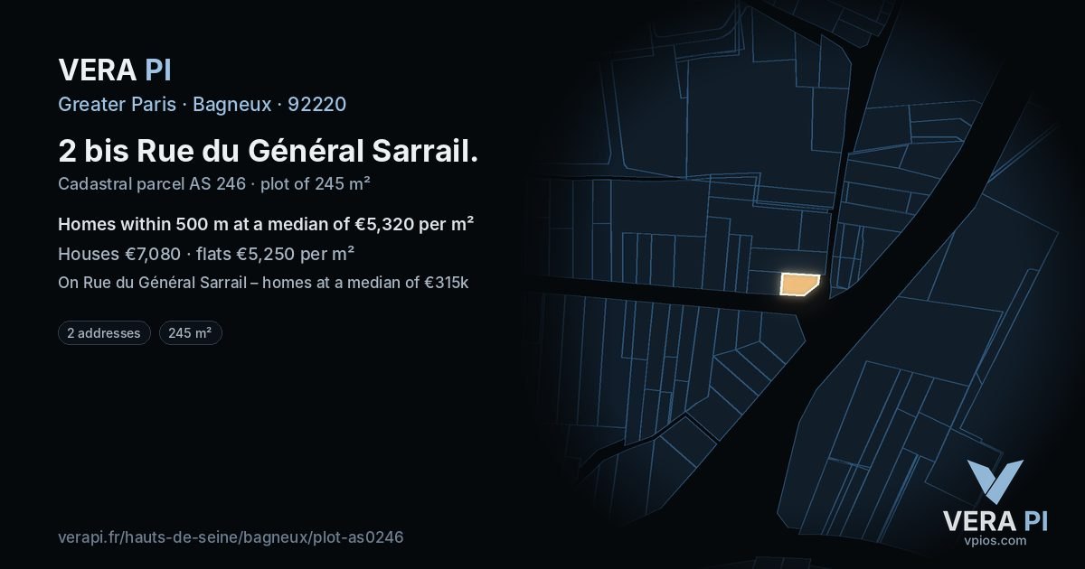 2 bis Rue du Général Sarrail, Bagneux at night – the plot lit, the parcels around coloured by the prices near them
