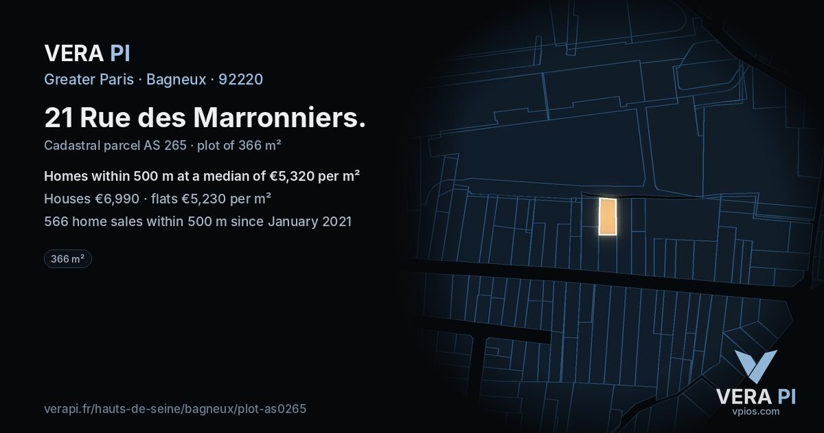 21 Rue des Marronniers, Bagneux at night – the plot lit, the parcels around coloured by the prices near them