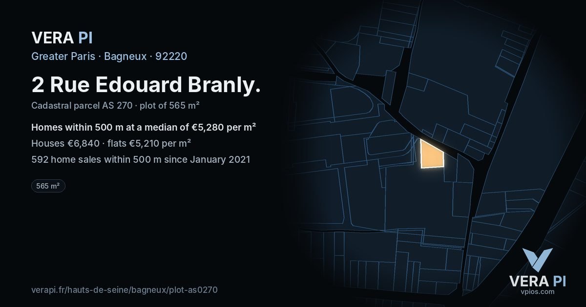 2 Rue Edouard Branly, Bagneux at night – the plot lit, the parcels around coloured by the prices near them