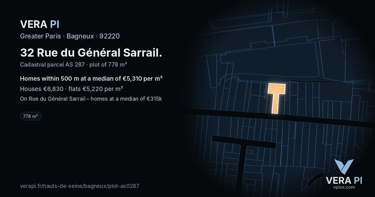 32 Rue du Général Sarrail, Bagneux at night – the plot lit, the parcels around coloured by the prices near them