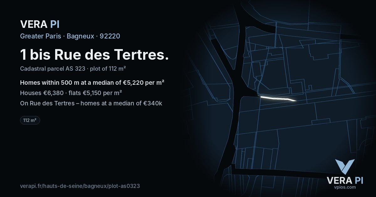 1 bis Rue des Tertres, Bagneux at night – the plot lit, the parcels around coloured by the prices near them