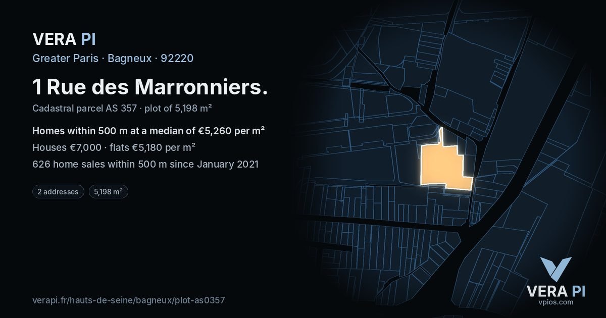 1 Rue des Marronniers, Bagneux at night – the plot lit, the parcels around coloured by the prices near them