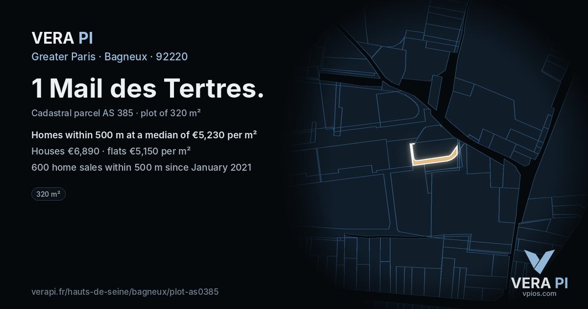1 Mail des Tertres, Bagneux at night – the plot lit, the parcels around coloured by the prices near them