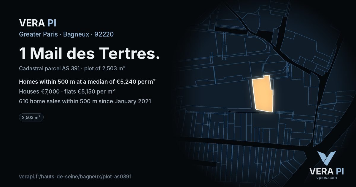 1 Mail des Tertres, Bagneux at night – the plot lit, the parcels around coloured by the prices near them