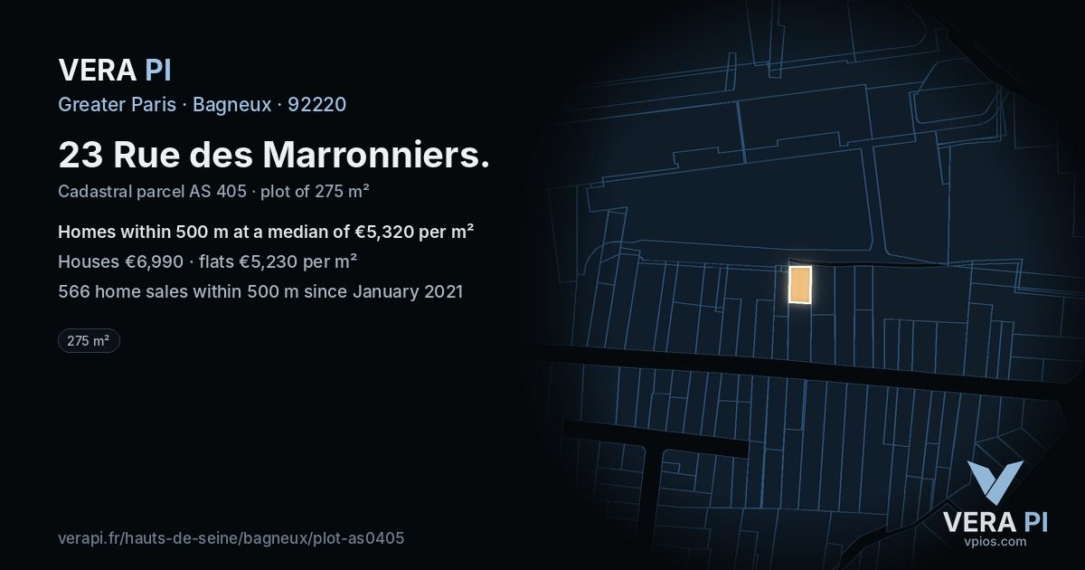 23 Rue des Marronniers, Bagneux at night – the plot lit, the parcels around coloured by the prices near them