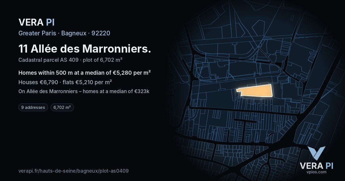 11 Allée des Marronniers, Bagneux at night – the plot lit, the parcels around coloured by the prices near them