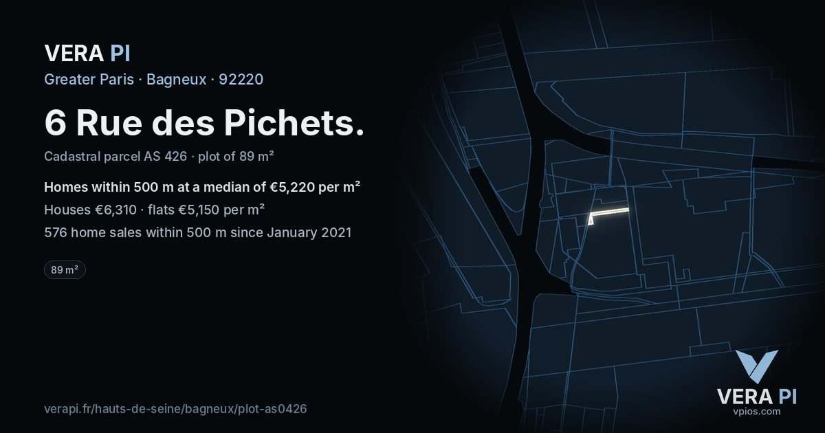 6 Rue des Pichets, Bagneux at night – the plot lit, the parcels around coloured by the prices near them