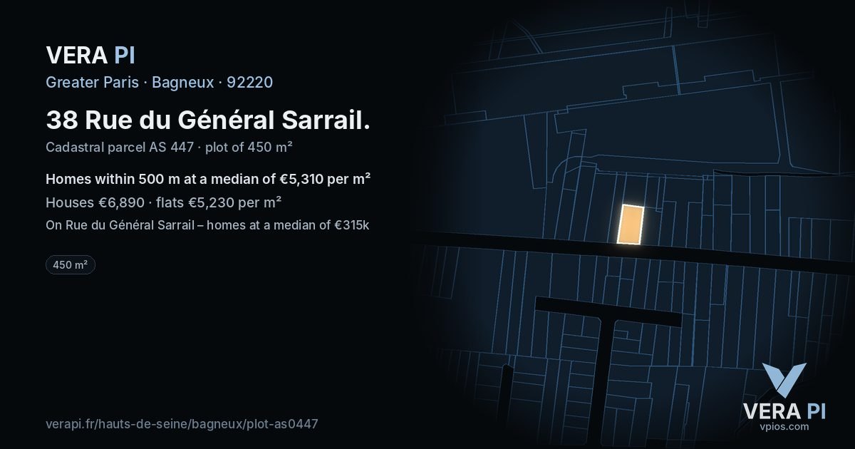 38 Rue du Général Sarrail, Bagneux at night – the plot lit, the parcels around coloured by the prices near them