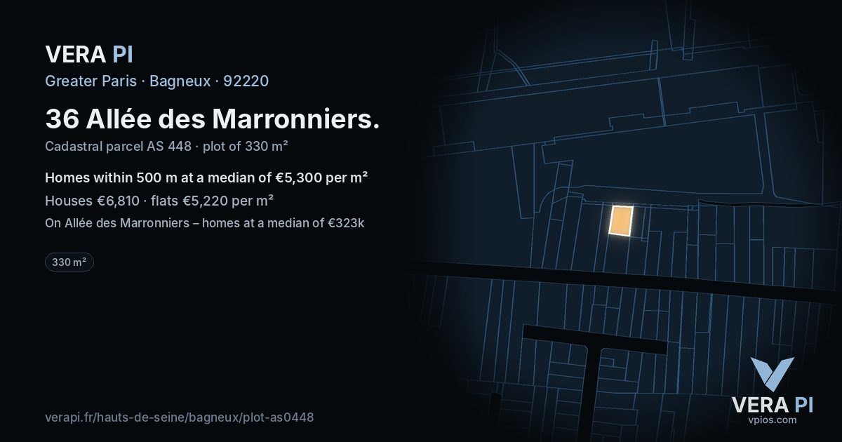 36 Allée des Marronniers, Bagneux at night – the plot lit, the parcels around coloured by the prices near them