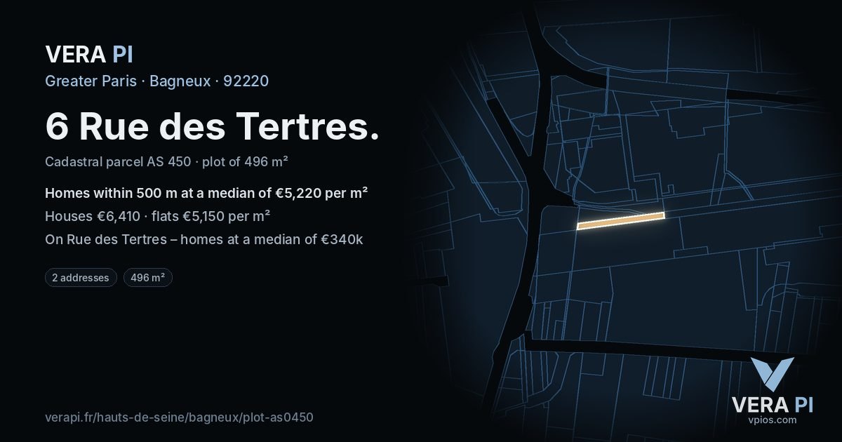 6 Rue des Tertres, Bagneux at night – the plot lit, the parcels around coloured by the prices near them