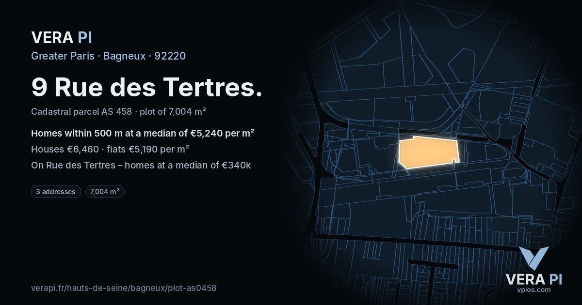 9 Rue des Tertres, Bagneux at night – the plot lit, the parcels around coloured by the prices near them