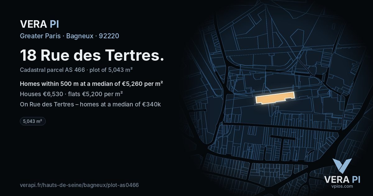 18 Rue des Tertres, Bagneux at night – the plot lit, the parcels around coloured by the prices near them