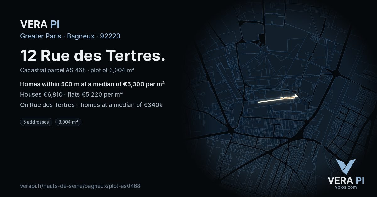 12 Rue des Tertres, Bagneux at night – the plot lit, the parcels around coloured by the prices near them