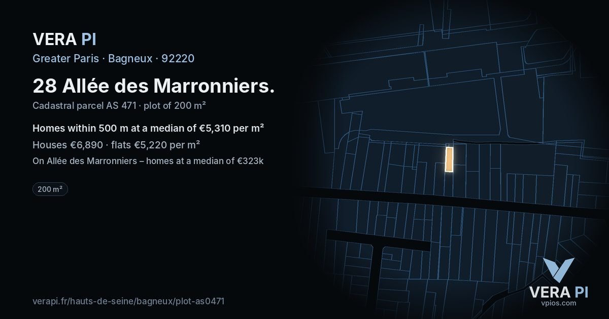 28 Allée des Marronniers, Bagneux at night – the plot lit, the parcels around coloured by the prices near them