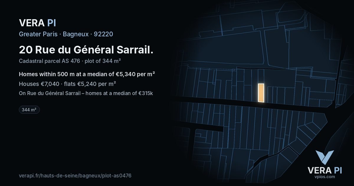 20 Rue du Général Sarrail, Bagneux at night – the plot lit, the parcels around coloured by the prices near them