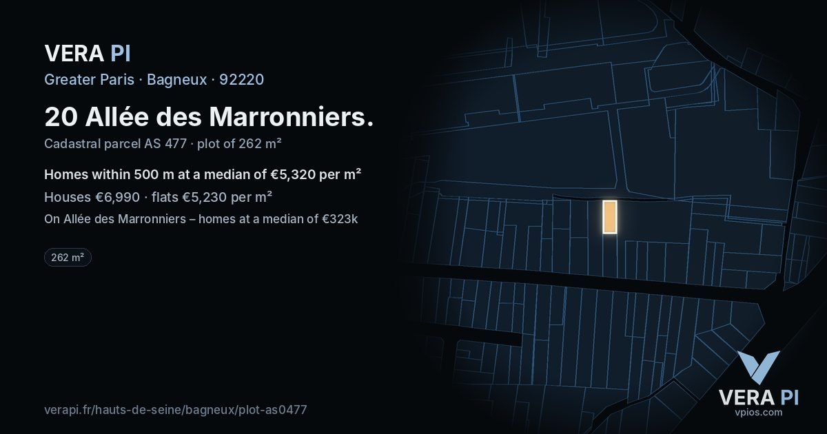 20 Allée des Marronniers, Bagneux at night – the plot lit, the parcels around coloured by the prices near them