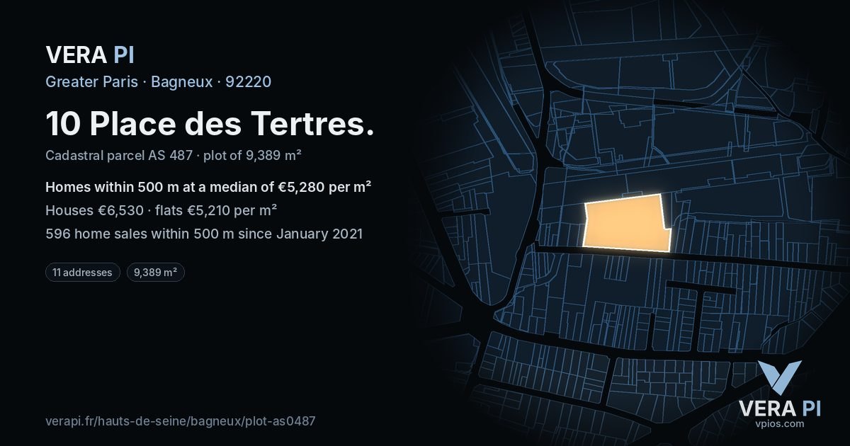 10 Place des Tertres, Bagneux at night – the plot lit, the parcels around coloured by the prices near them