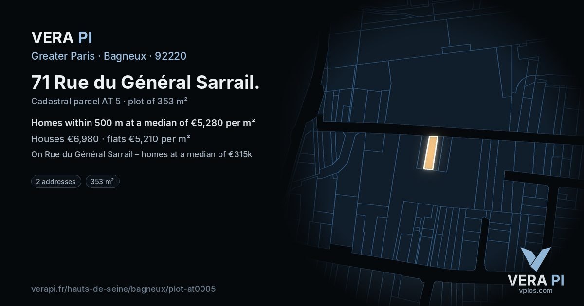 71 Rue du Général Sarrail, Bagneux at night – the plot lit, the parcels around coloured by the prices near them